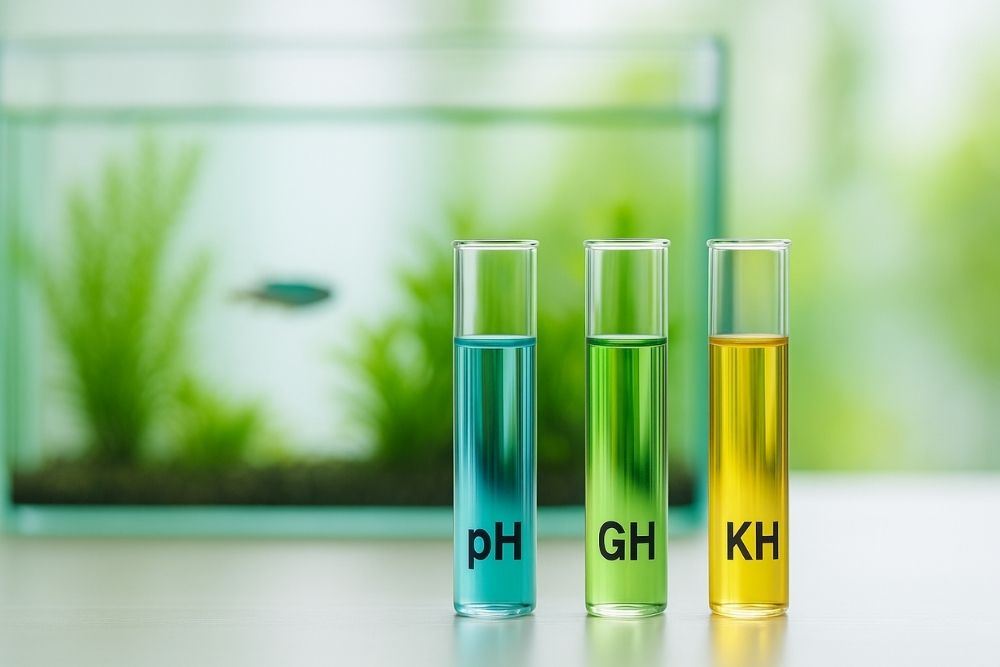 שלוש מבחנות צבעוניות עם מדדים pH GH KH למדידת איזון מים באקווריום